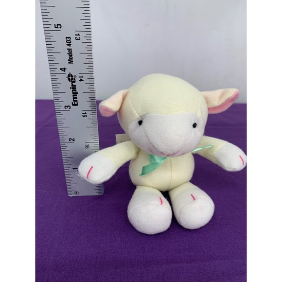 JC Toys 5 Inch Sheep Green Bow Sewn Details in Face. Pink Ear Accents - Picture 7 of 8